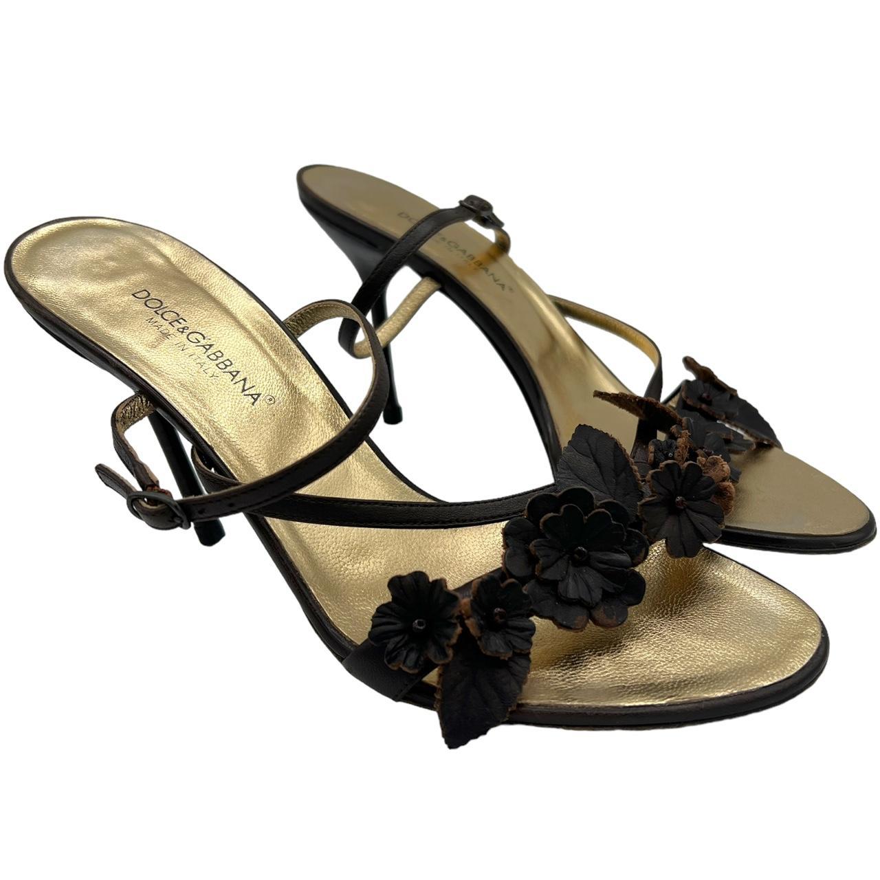 Dolce & Gabbana Brown Leather Floral Appliqué Sandal Heels