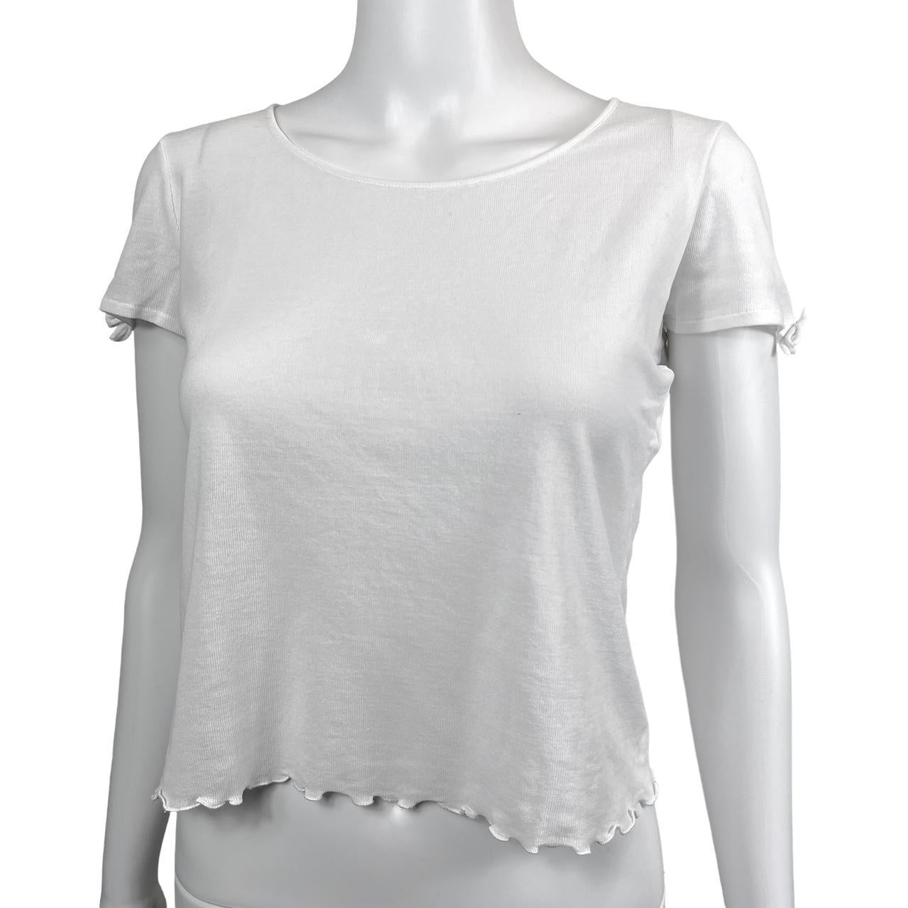 Gucci By Tom Ford S/S 2000 White Lettuce Hem Baby-Tee with Bow Detail