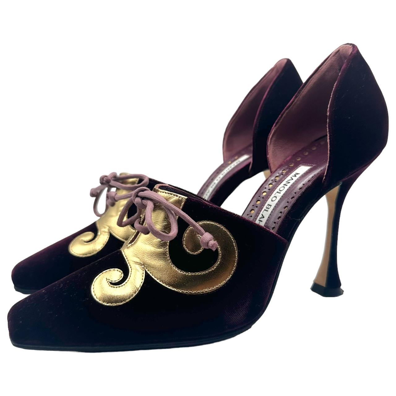Manolo Blahnik Purple Suede & Gold Leather Heels - Outfit Repeater