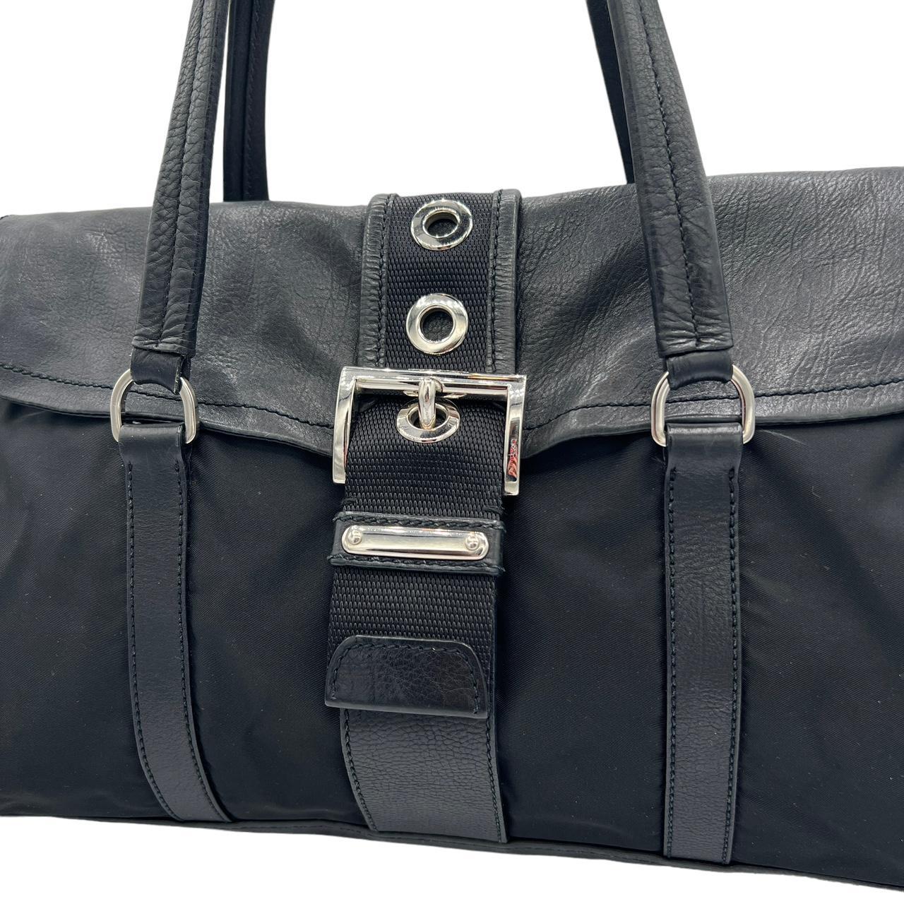 Prada Black Nylon Leather Buckled Shoulder Bag