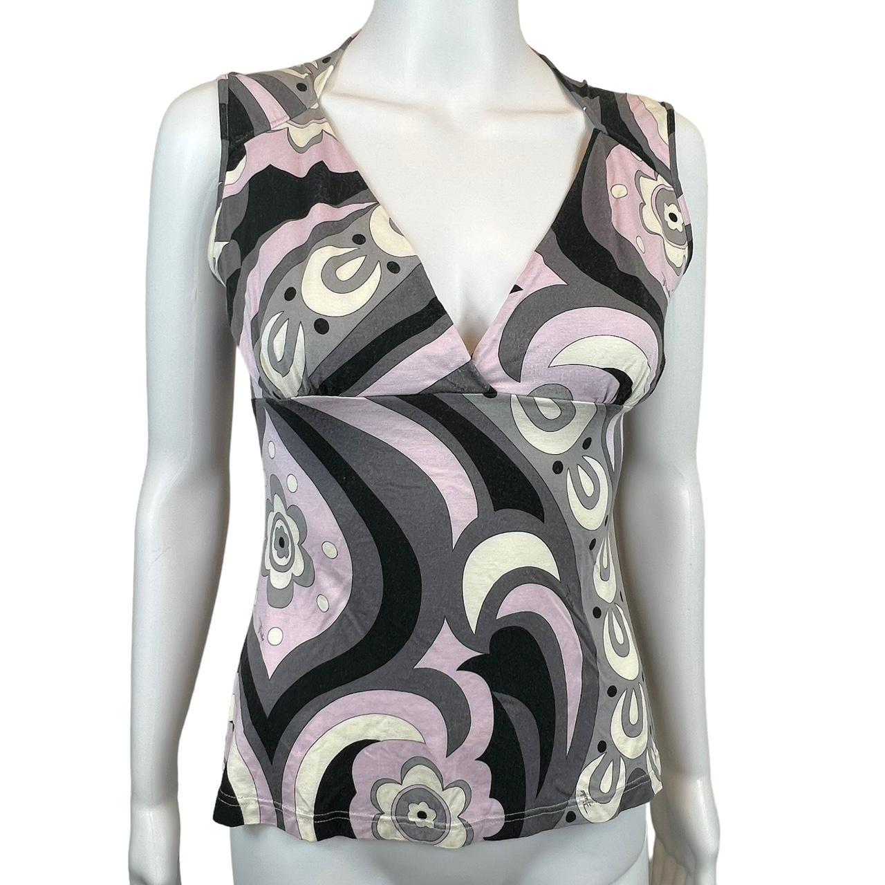 Emilio Pucci Black and Purple Printed V-Neck Tank Top