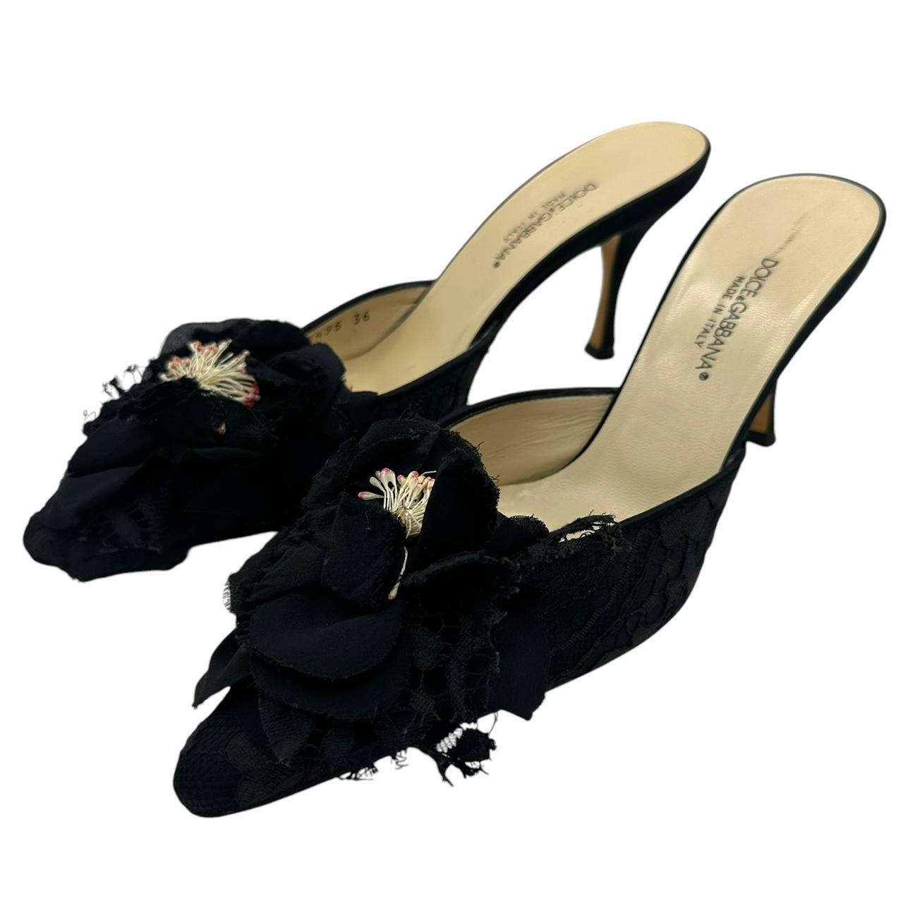 Dolce & Gabbana Black Flower Applique Heeled Mules - Outfit Repeater