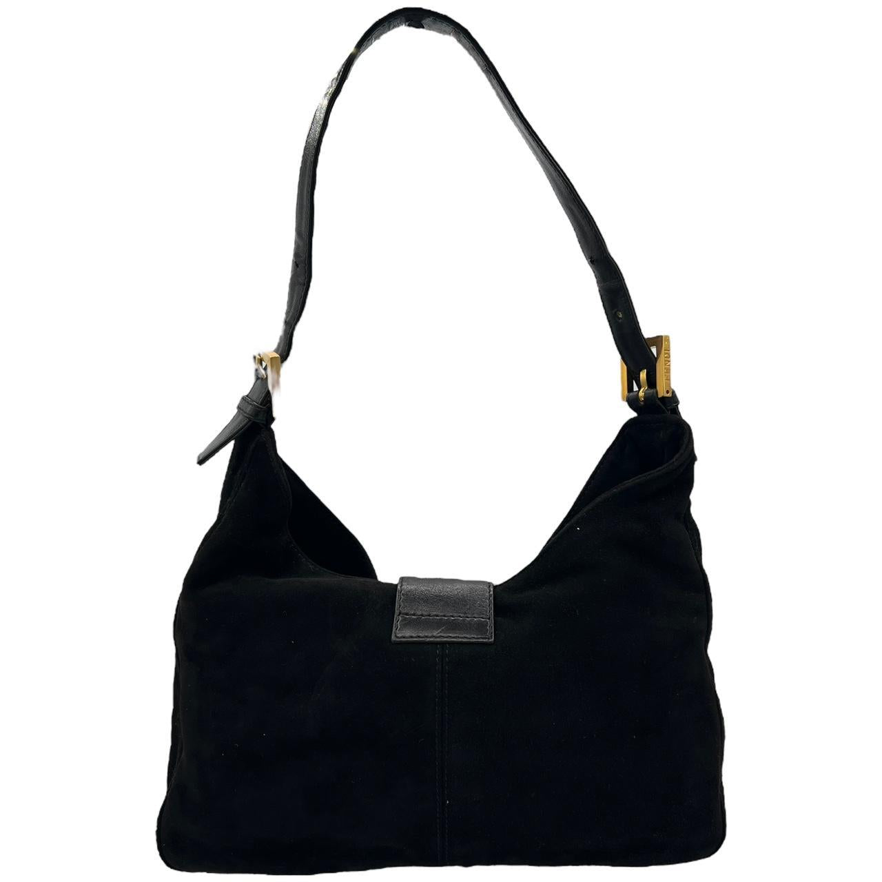 Fendi Black Suede Baguette Shoulder Bag Gold Red Hardware