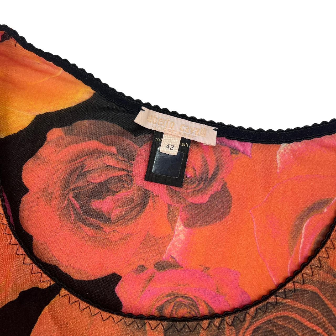 Roberto Cavalli Rose Print Semi-Sheer Mesh Long Sleeve Top