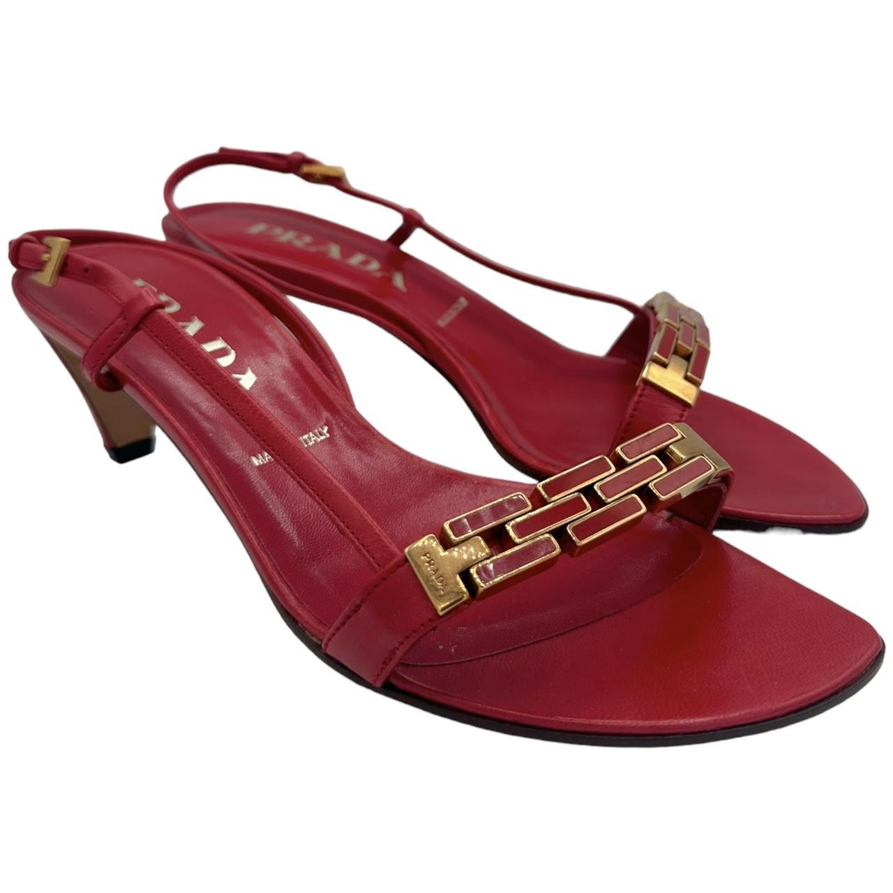 Prada Red Gold Kitten Heel Sandals Open-Toe Leather