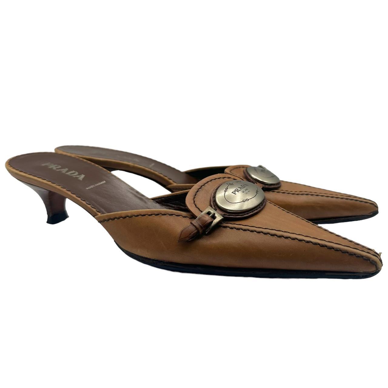 Prada Brown Leather Kitten Heel Mules with Logo Plate