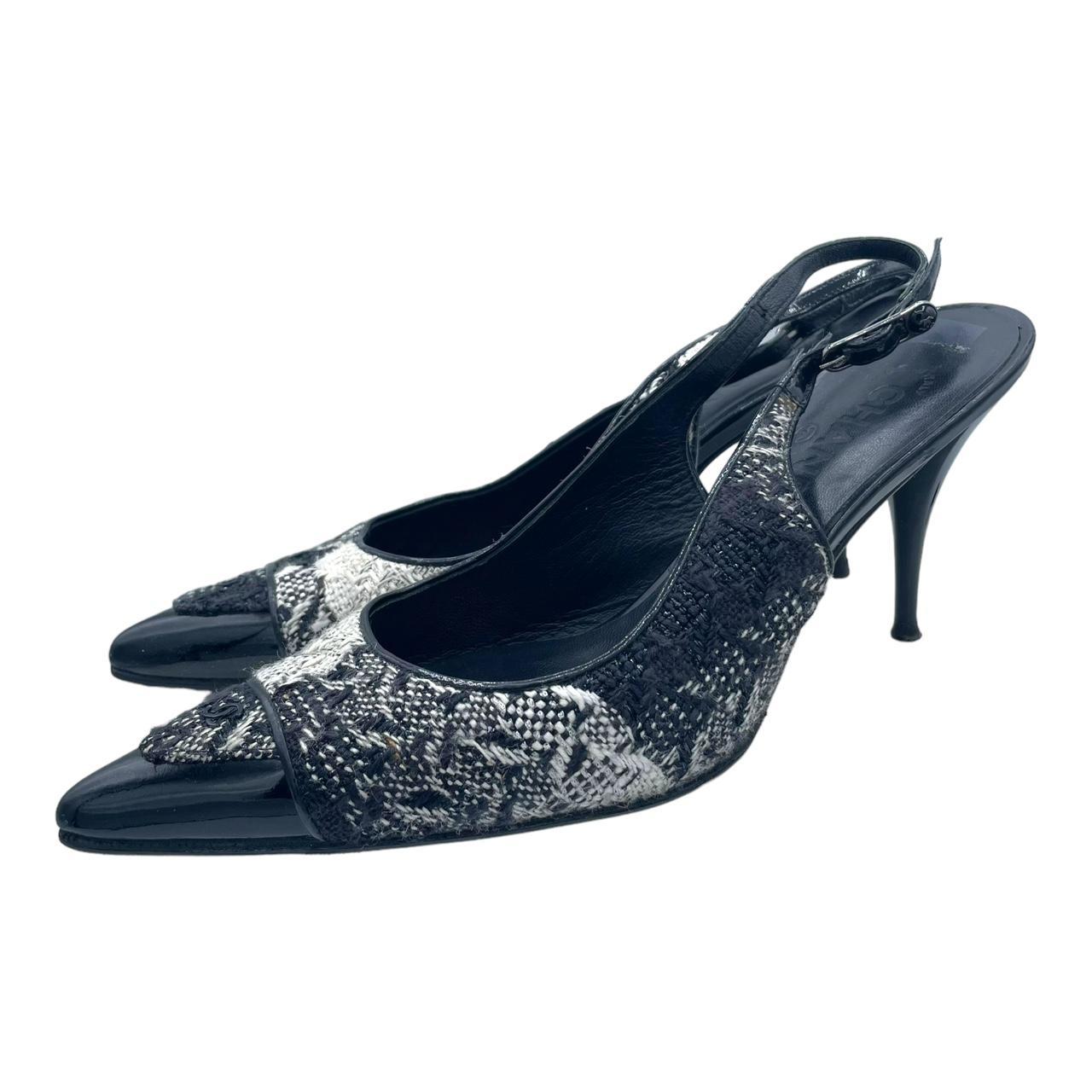 Chanel Slingback Heels Black White Tweed Pointed Toe