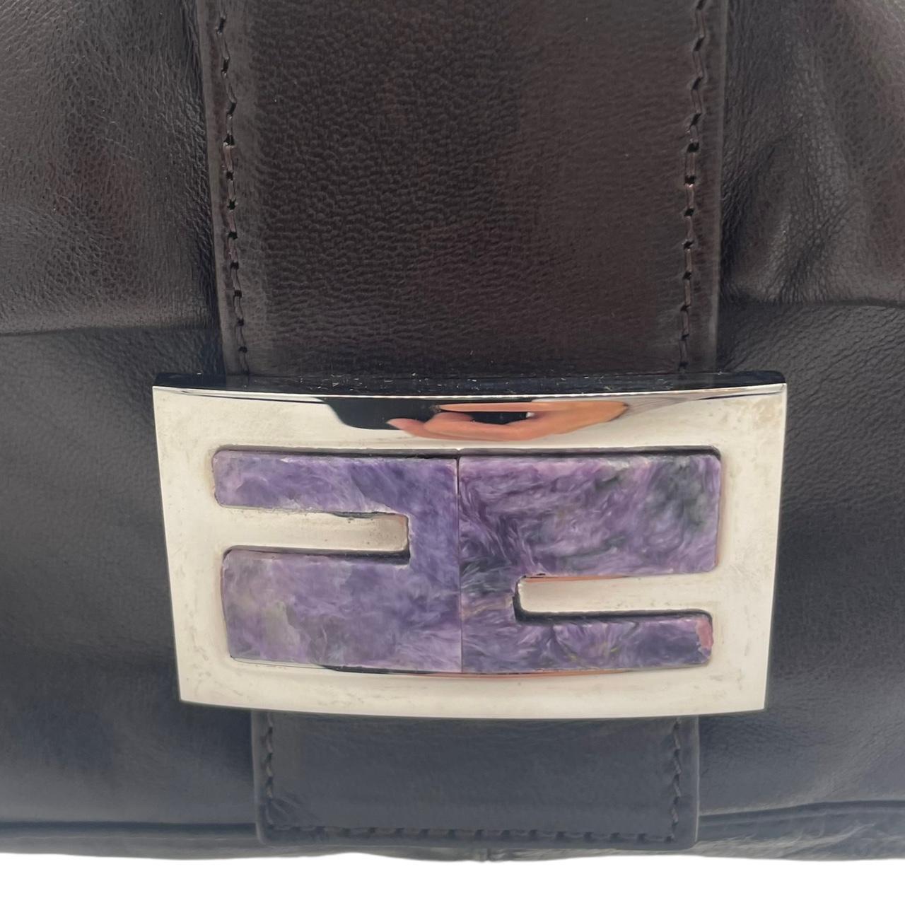 Fendi Black Leather Shoulder Bag With Purple Stone Detail