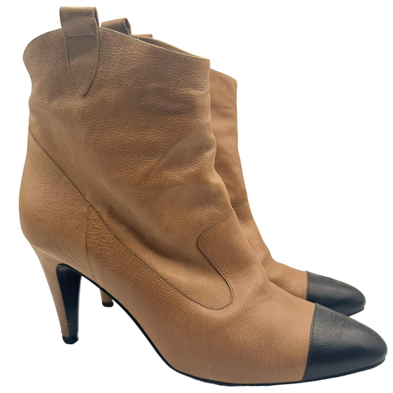Chanel Heeled Booties Brown Black Leather Western Design