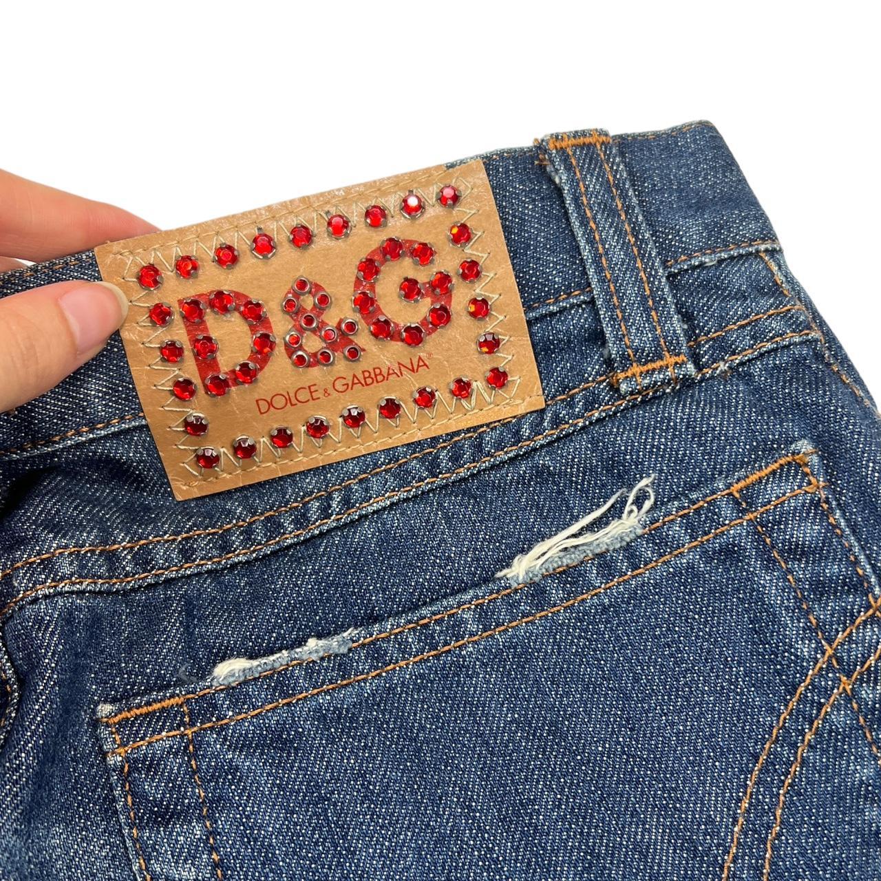 Dolce & Gabbana Faded Denim Midi Skirt with Red Rhinestone Logo Patch - Outfit Repeater