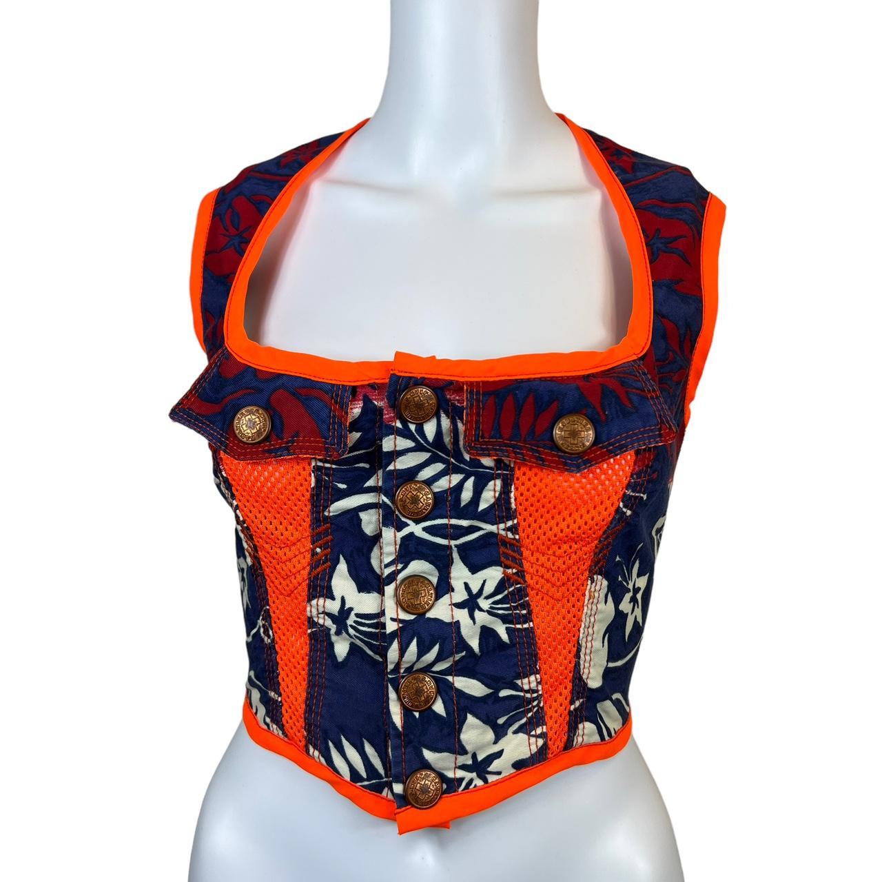 Jean Paul Gaultier Halter Jean Neon Orange and Floral Cropped Bustier