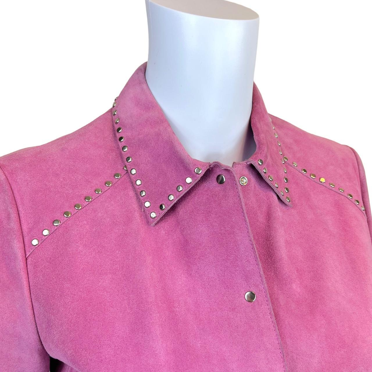 Miu Miu Magenta Pink Leather Suede Jacket with Metallic Red Trim and Silver Studs