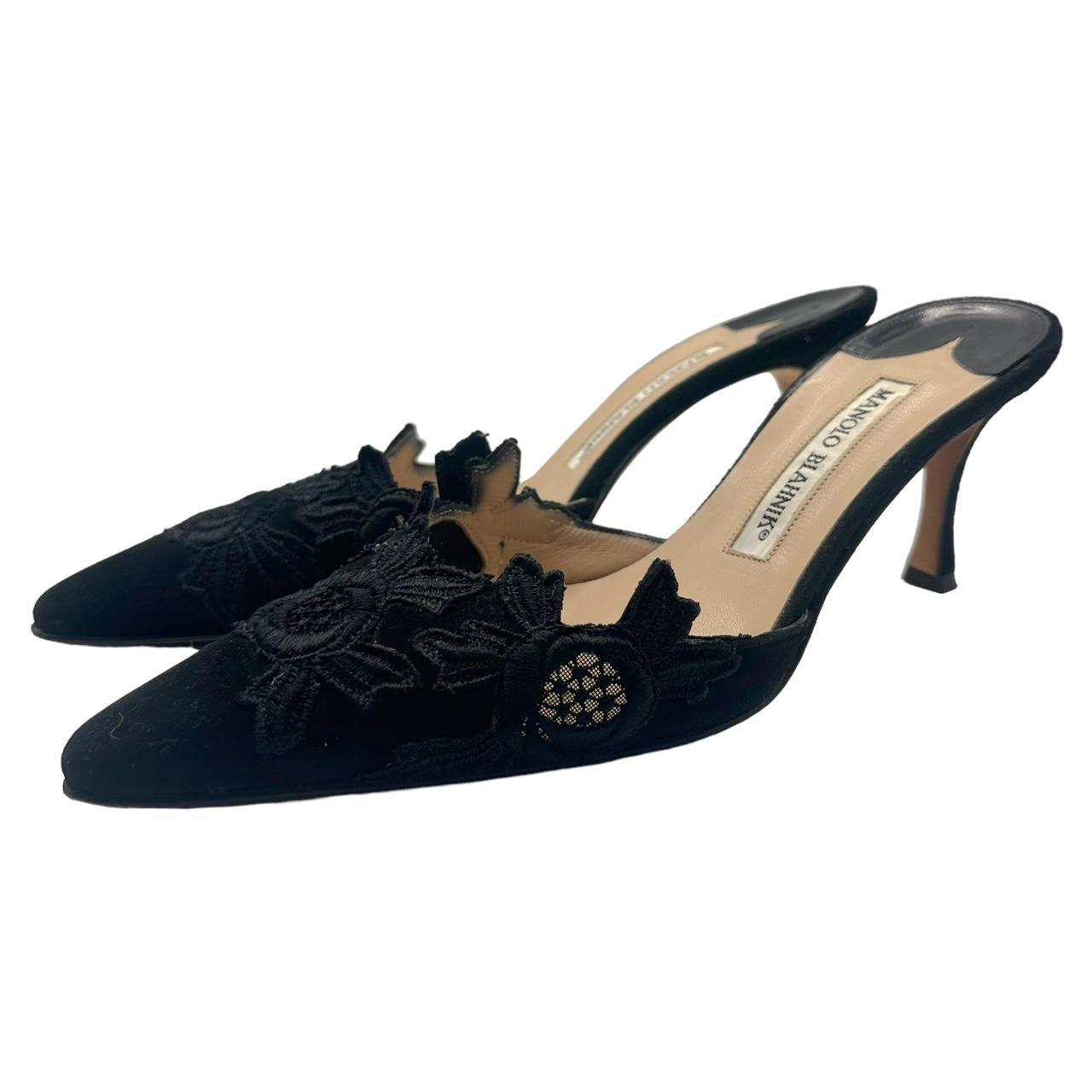Manolo Blahnik Black Lace Trim Pointed Toe Heeled Mules