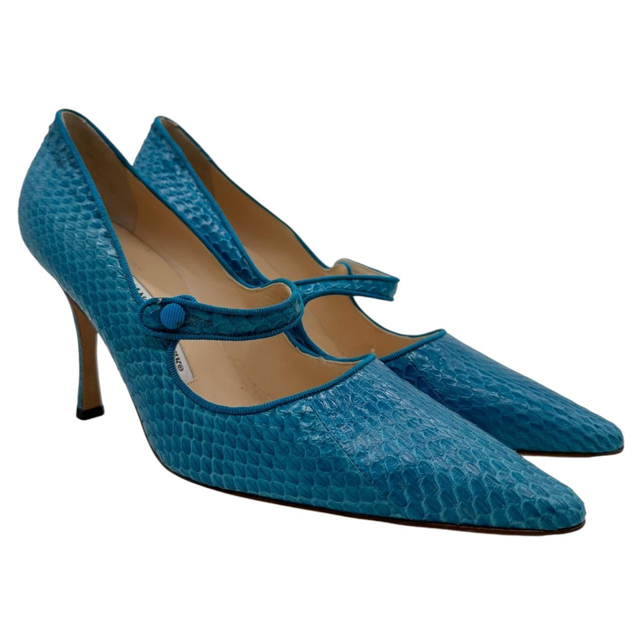 Manolo Blahnik Blue Python Mary Jane Heels Size 40