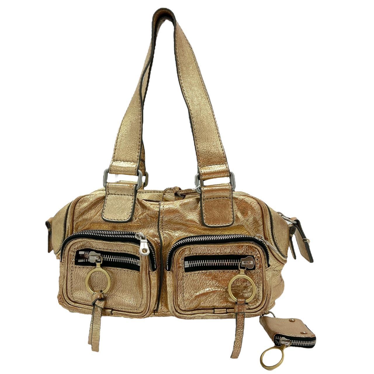 Chloé Gold Leather Shoulder Bag with Zippered Pockets