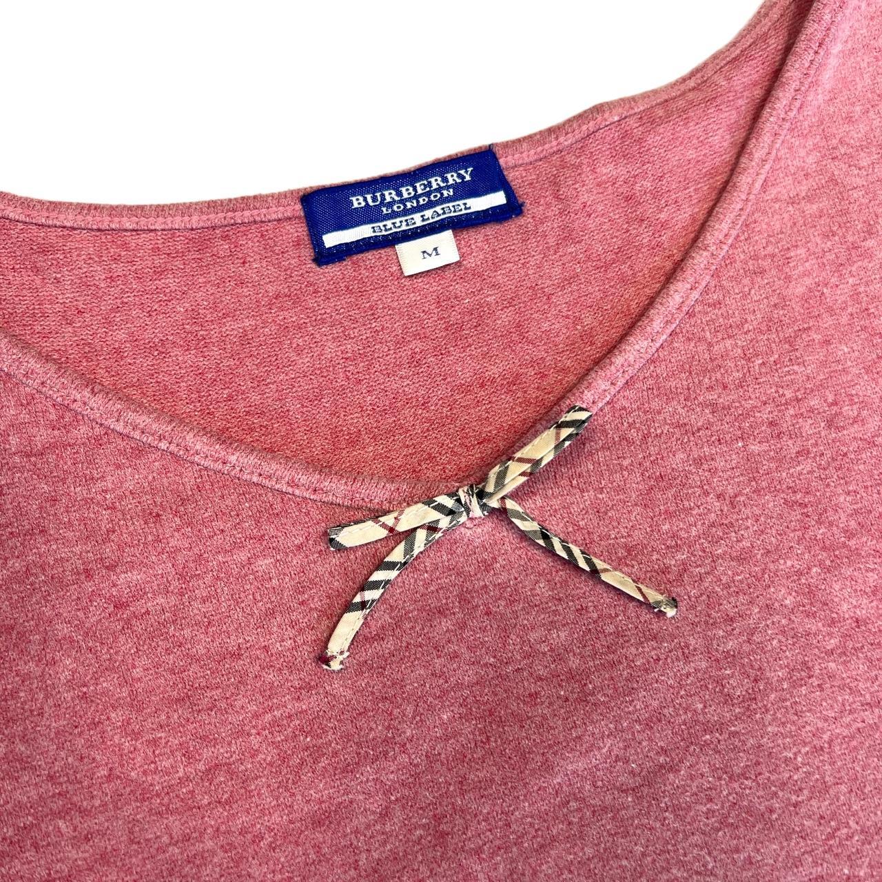 Burberry Blue Label Pink Knit T-Shirt with Signature Nova Check Plaid Bow