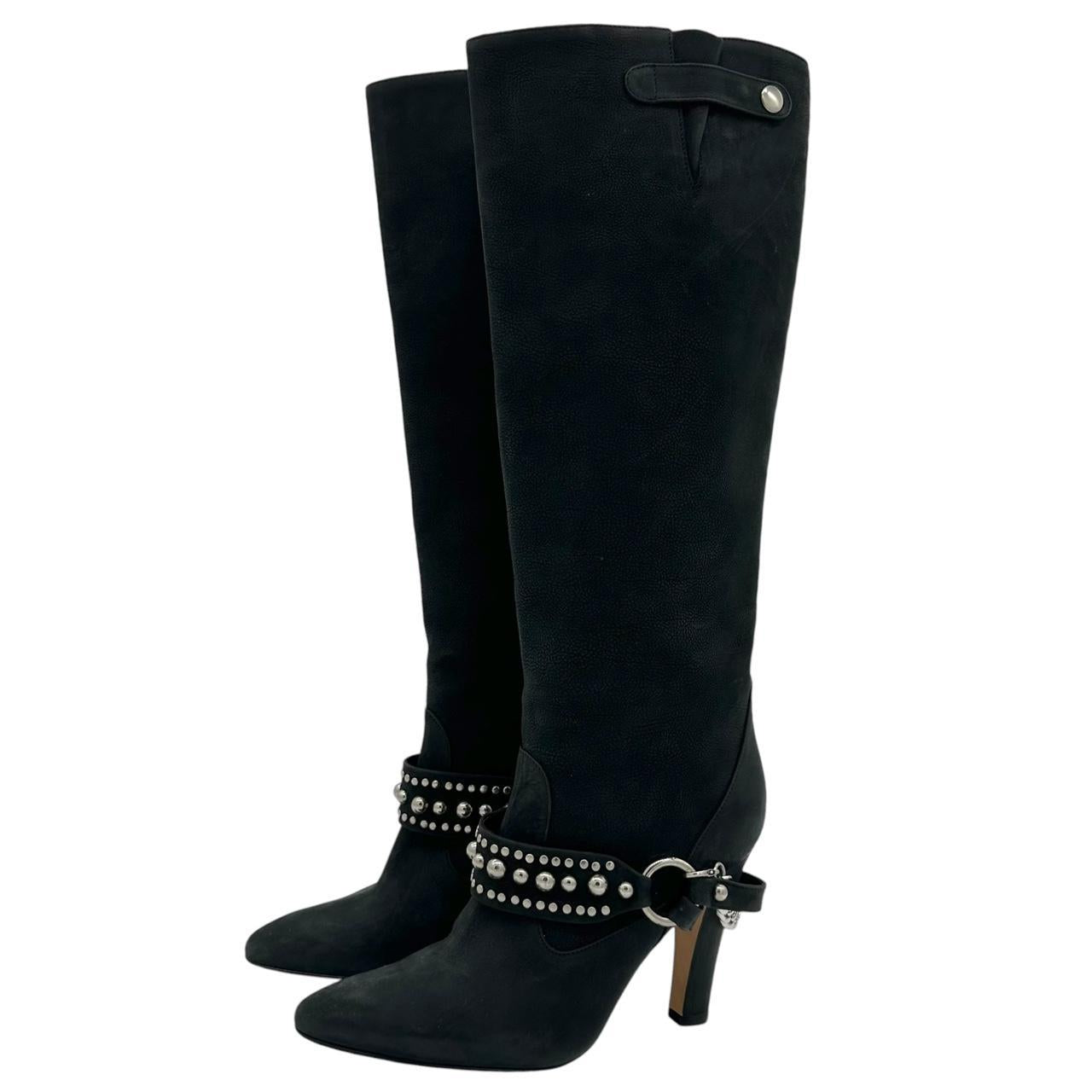 Manolo Blahnik Black Suede Chain Embellished Heeled Knee-High Boots - Outfit Repeater