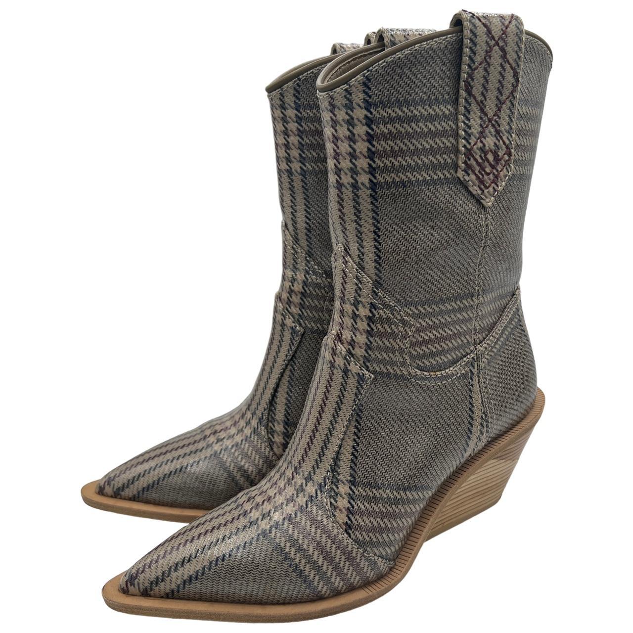 Fendi Cowboy Boots Gray Plaid Print Pointed Toe Wedge 37