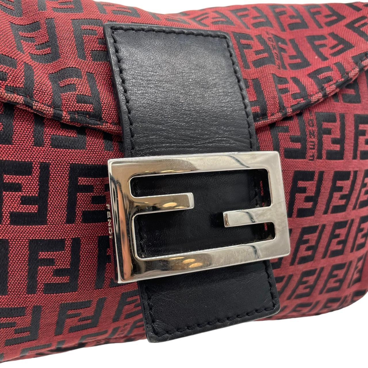 Fendi Fold-Over Baguette Shoulder Bag Red Black Zucca