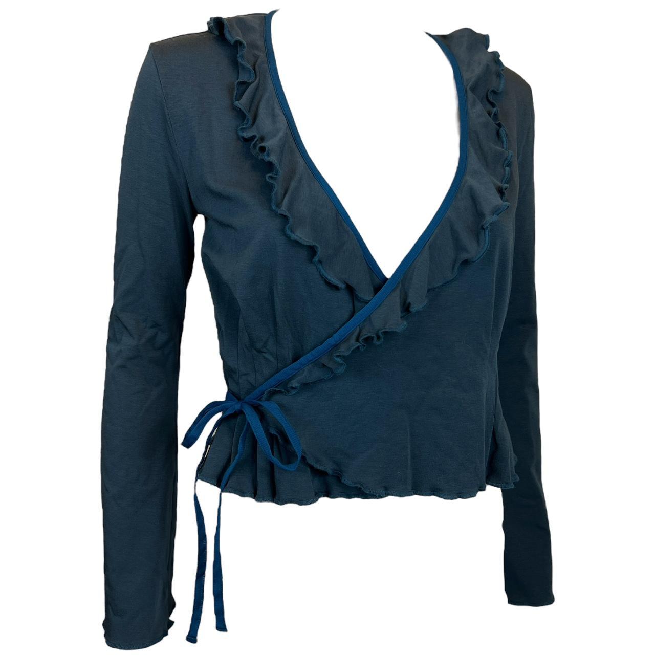 Jean Paul Gaultier Blue Ruffle Trim Wrap Style Blouse Top