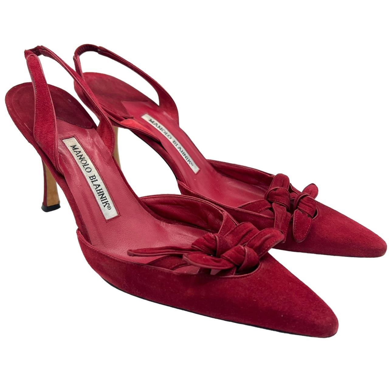 Manolo Blahnik Red Suede Slingback Heels with Bow Detail