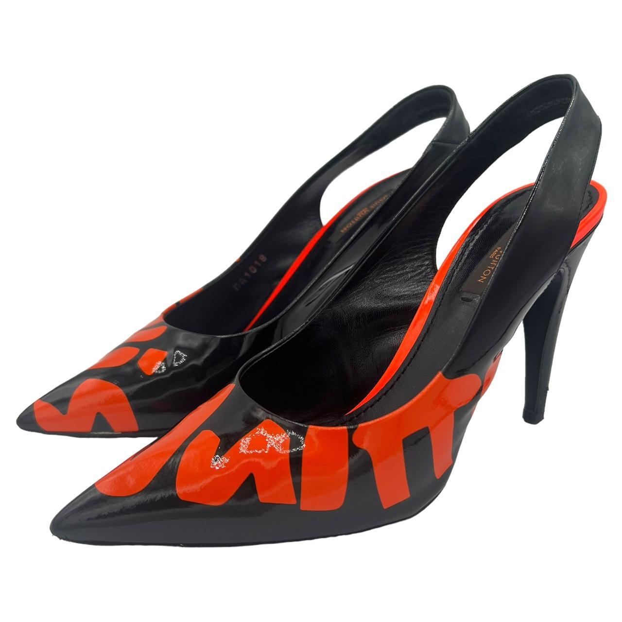 Louis Vuitton Stephen Sprouse Orange Patent Leather Graffiti Slingback Pointed Toe Heels