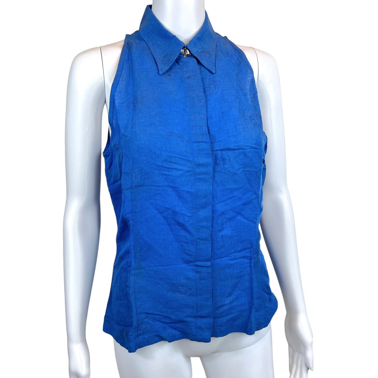 Versace Jeans Couture Blue Medusa Print Sleeveless Button Up Blouse Top - Outfit Repeater