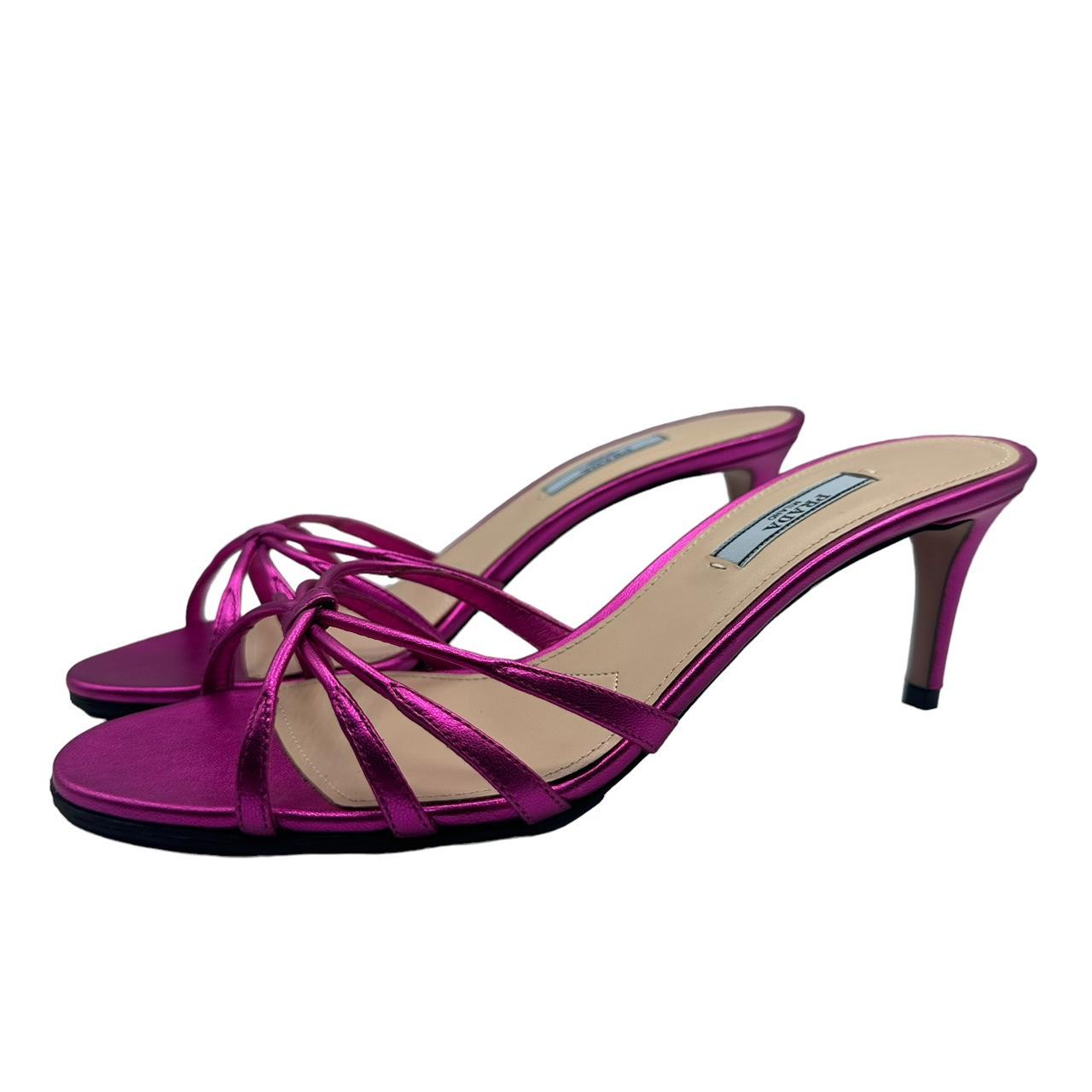 Prada Pink Metallic Leather Strappy Heeled Sandals