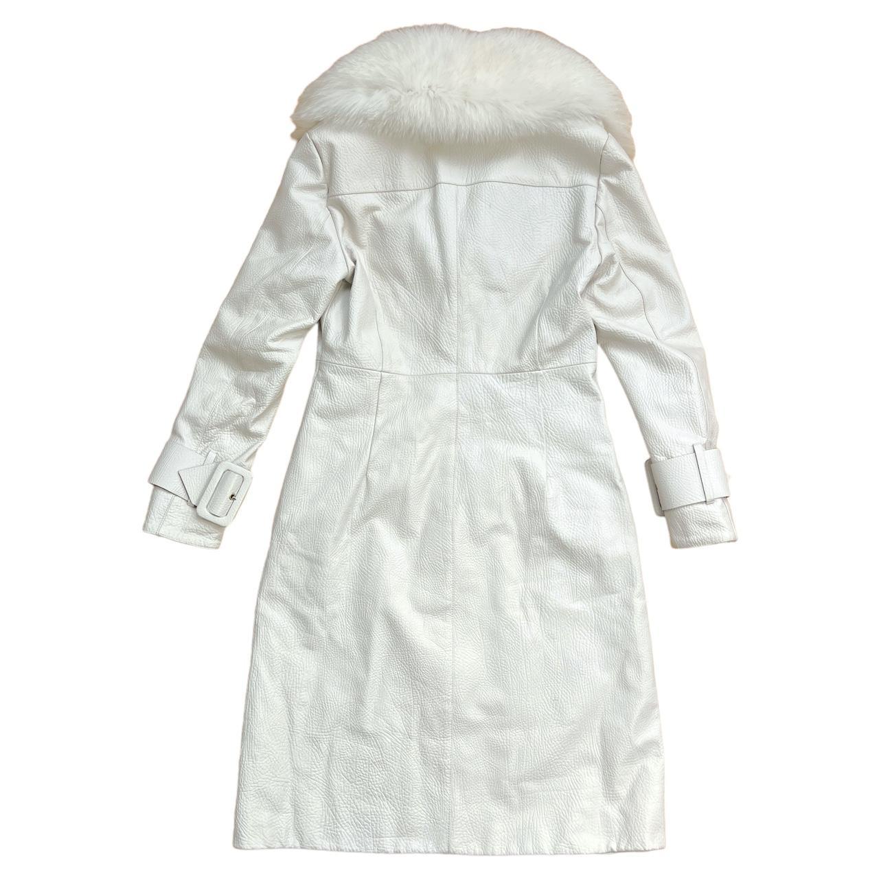 Blumarine White Leather and Mongolian Lamb Fur Collared Coat