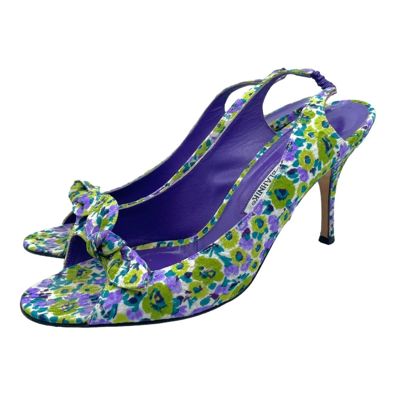 Manolo Blahnik Purple & Green Floral Slingback Heels - Outfit Repeater