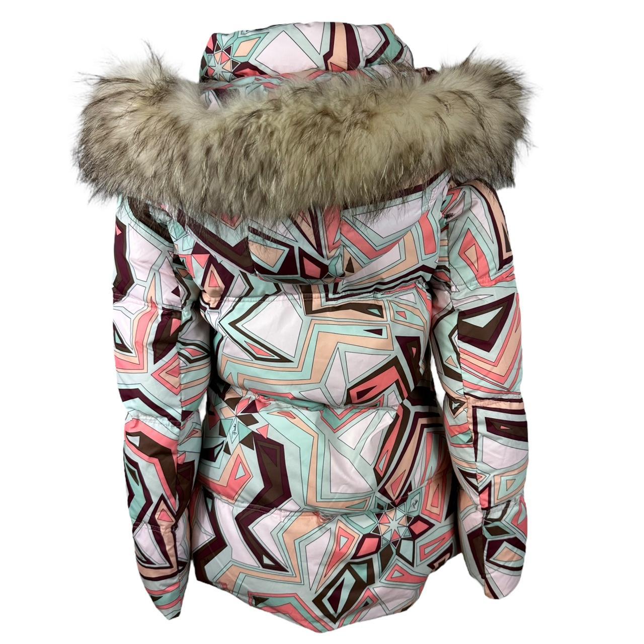 Emilio Pucci Multicolor Printed Down Fill Fur Trim Puffer Coat