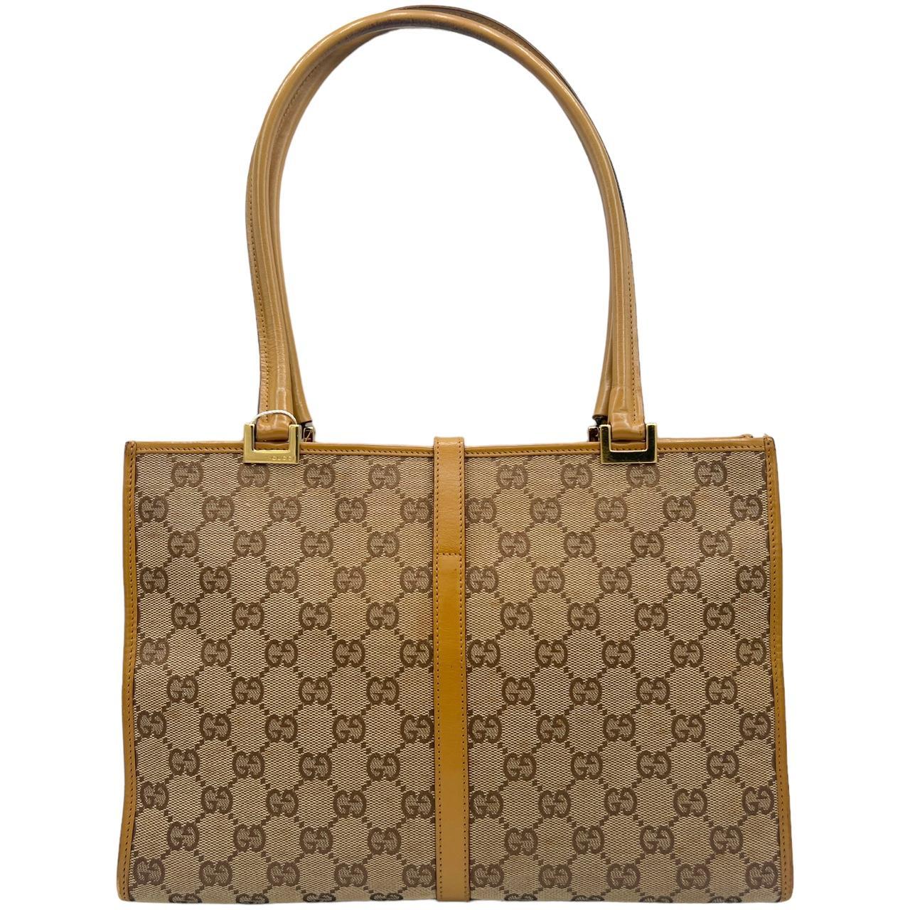 Gucci Tan Leather Monogram Canvas Shoulder Bag