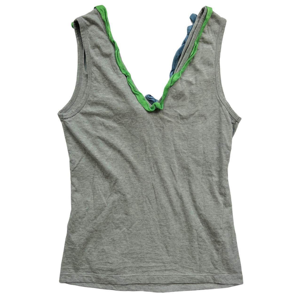 Prada Spring 2008 Gray Tank Top with Green and Blue String Appliqué V-Neck Neckline