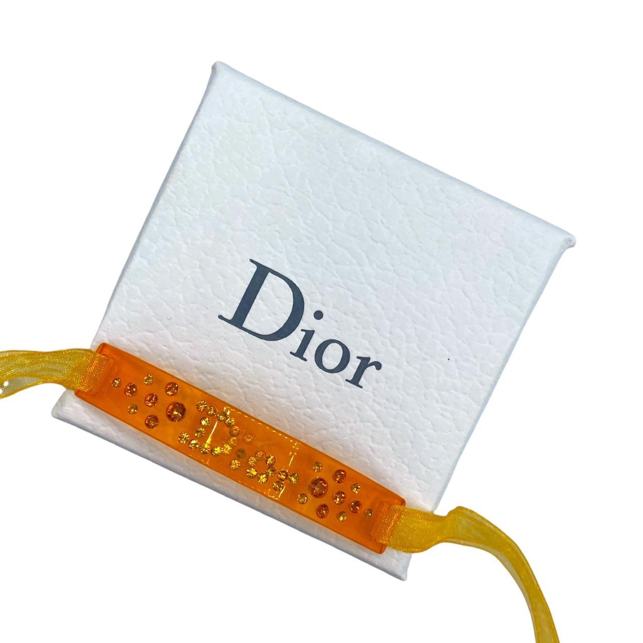 Christian Dior Bedazzled Crystal Spell-out Orange Lucite and Chiffon Ribbon Choker Necklace