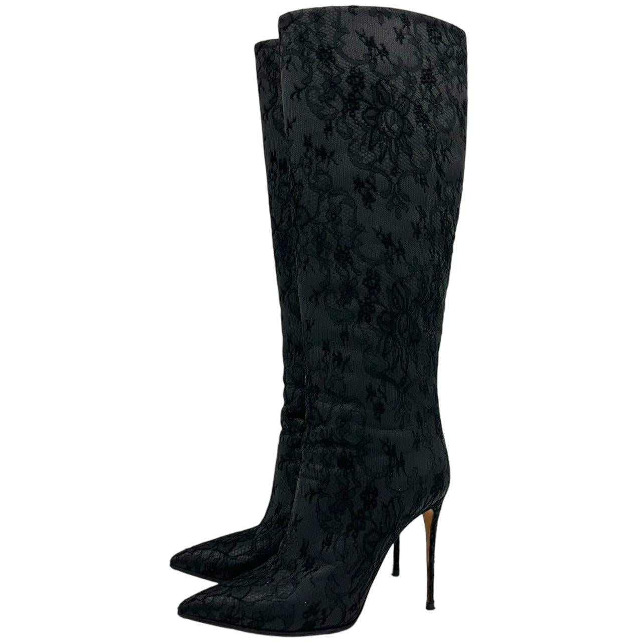 Dolce & Gabbana Black Lace Heeled Knee-High Boots