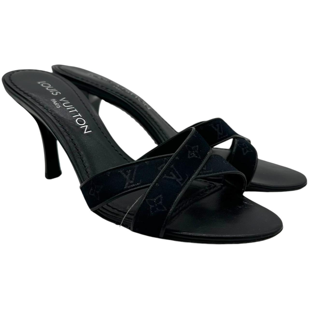 Louis Vuitton Black Lin Monogram Sandal Heels - Outfit Repeater