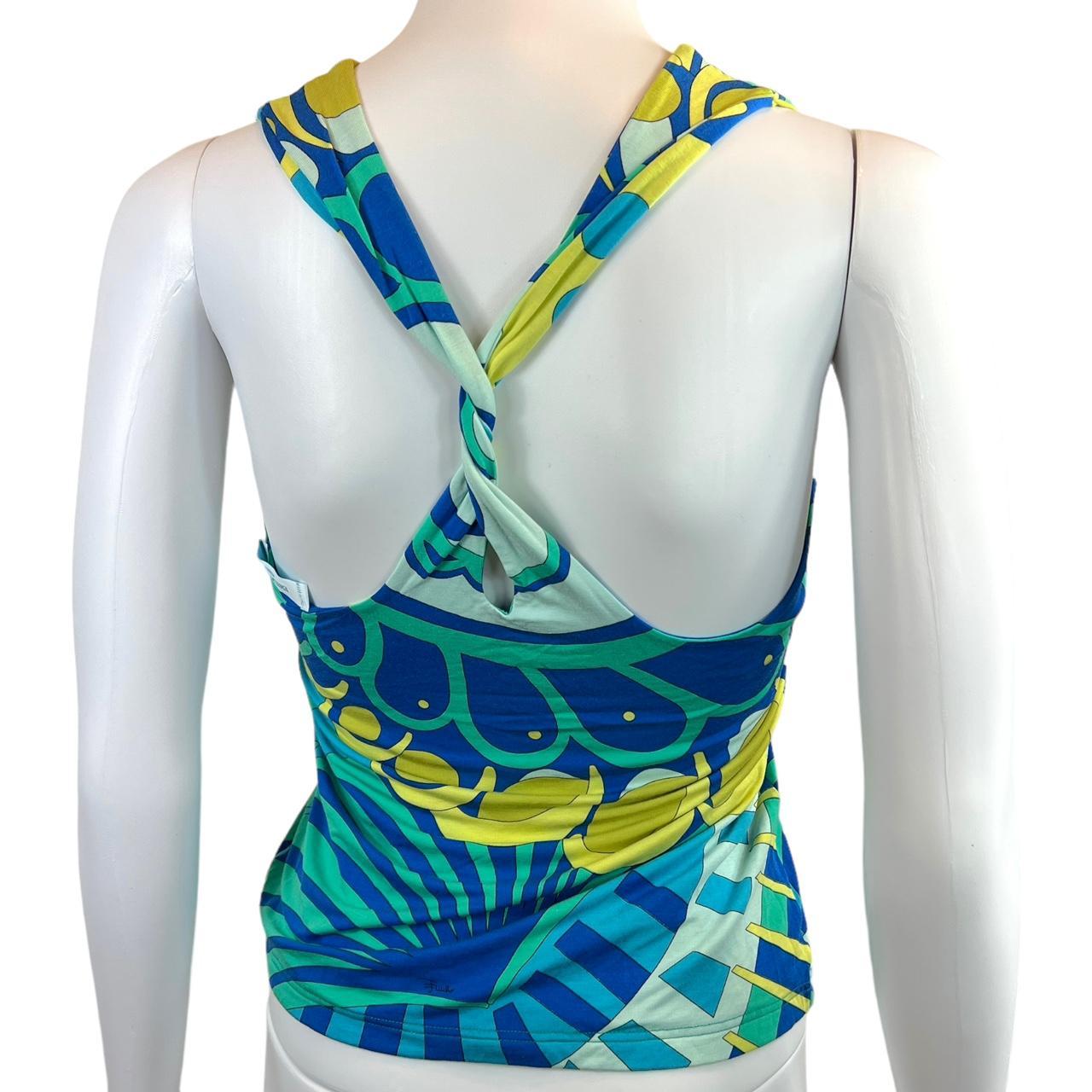 Emilio Pucci Firenze Blue and Green Patterned Twist Back Deep V-Neck Tank - Outfit Repeater