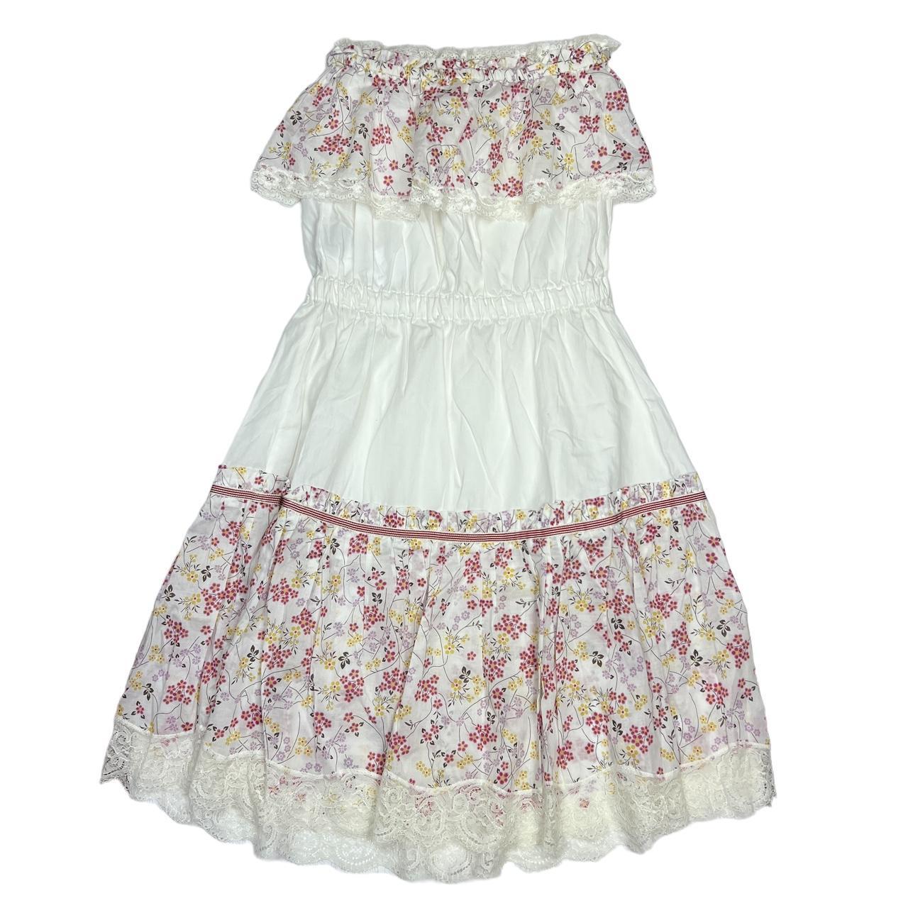 Dolce & Gabbana D&G Pink and White Floral Flowy Ruffle Strapless Dress with Ruffle Trim