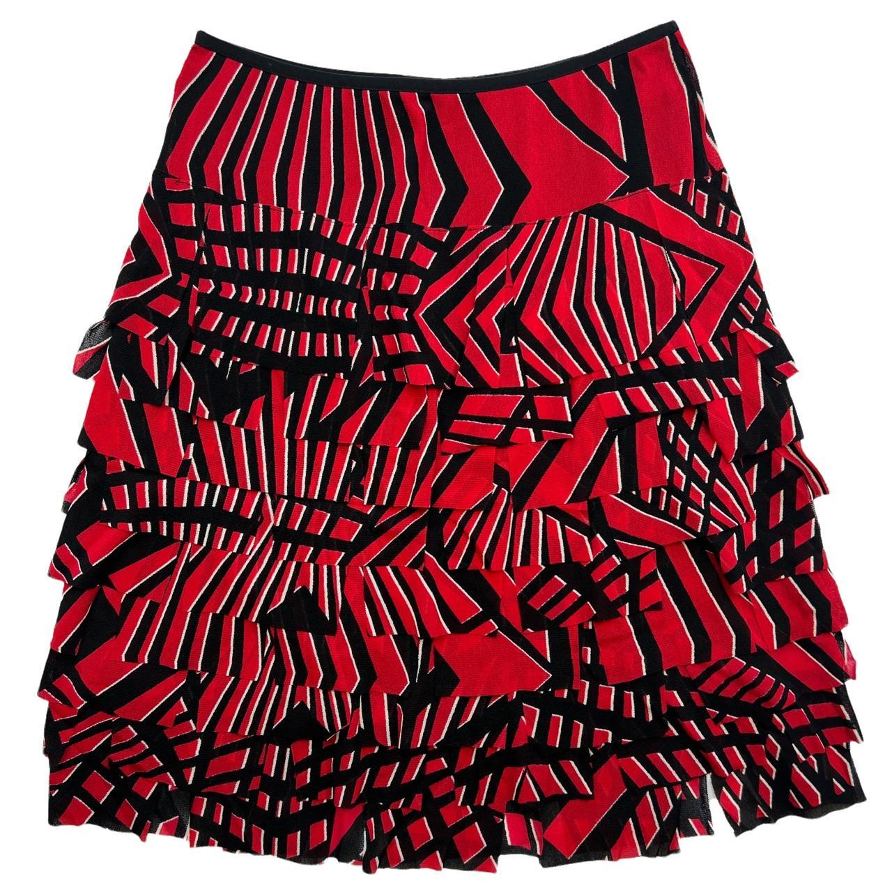 VIVIENNE TAM Black and Red Printed Mesh Tiered Ruffle Midi Skirt - Outfit Repeater