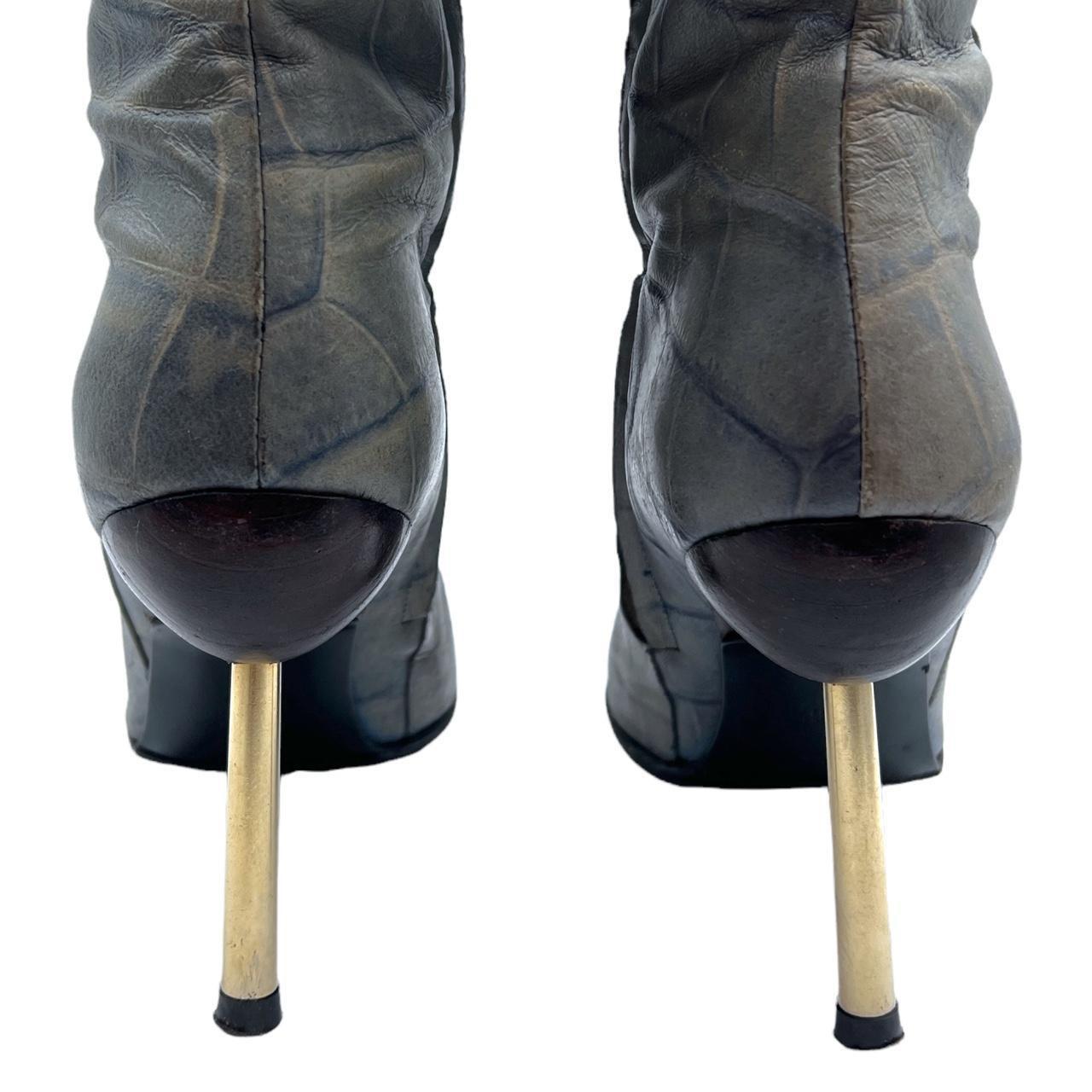 Gianni Versace Knee High Heeled Boots Blue Gray Croc Leather