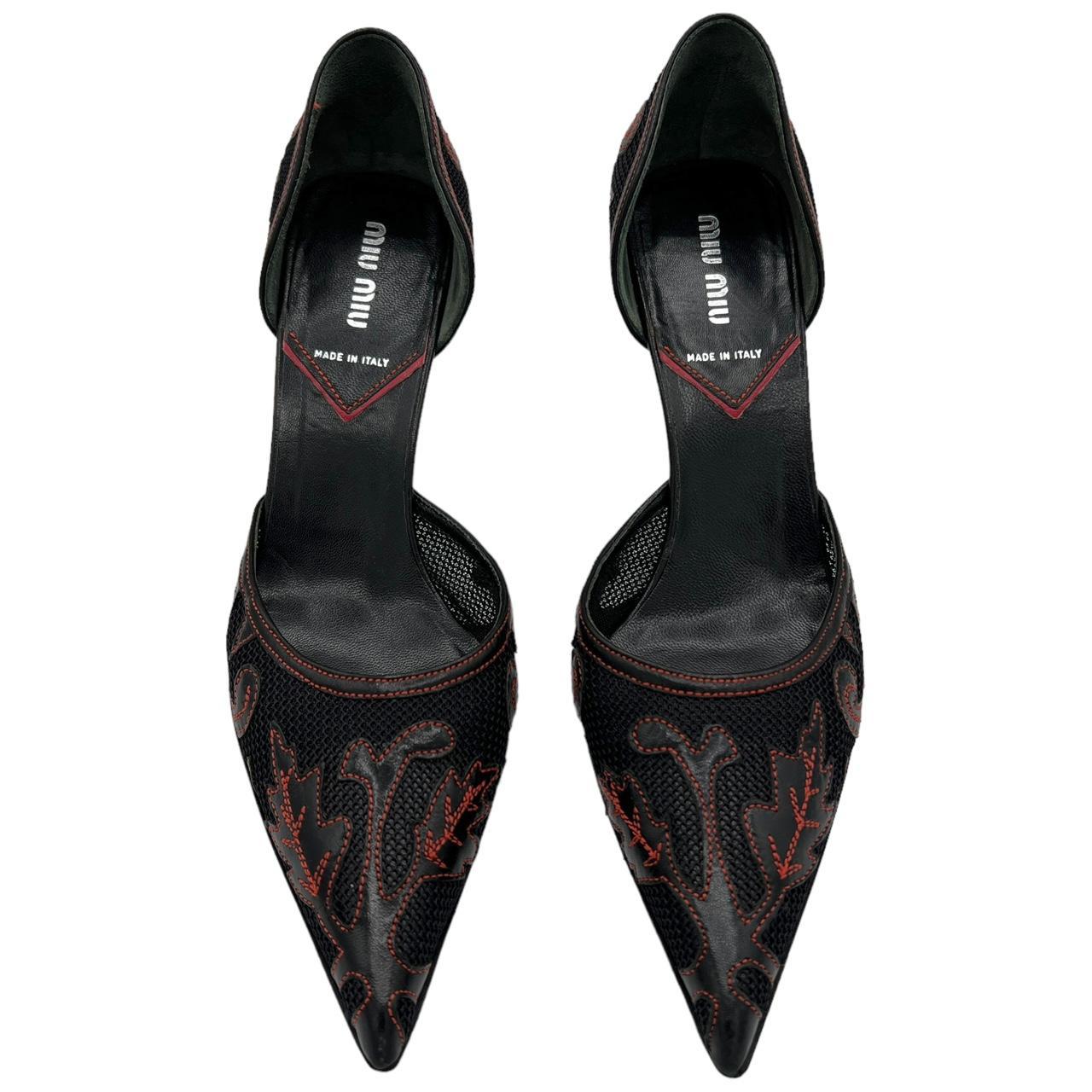 Miu Miu Black and Red Embroidered Pointed Toe Heels - Outfit Repeater