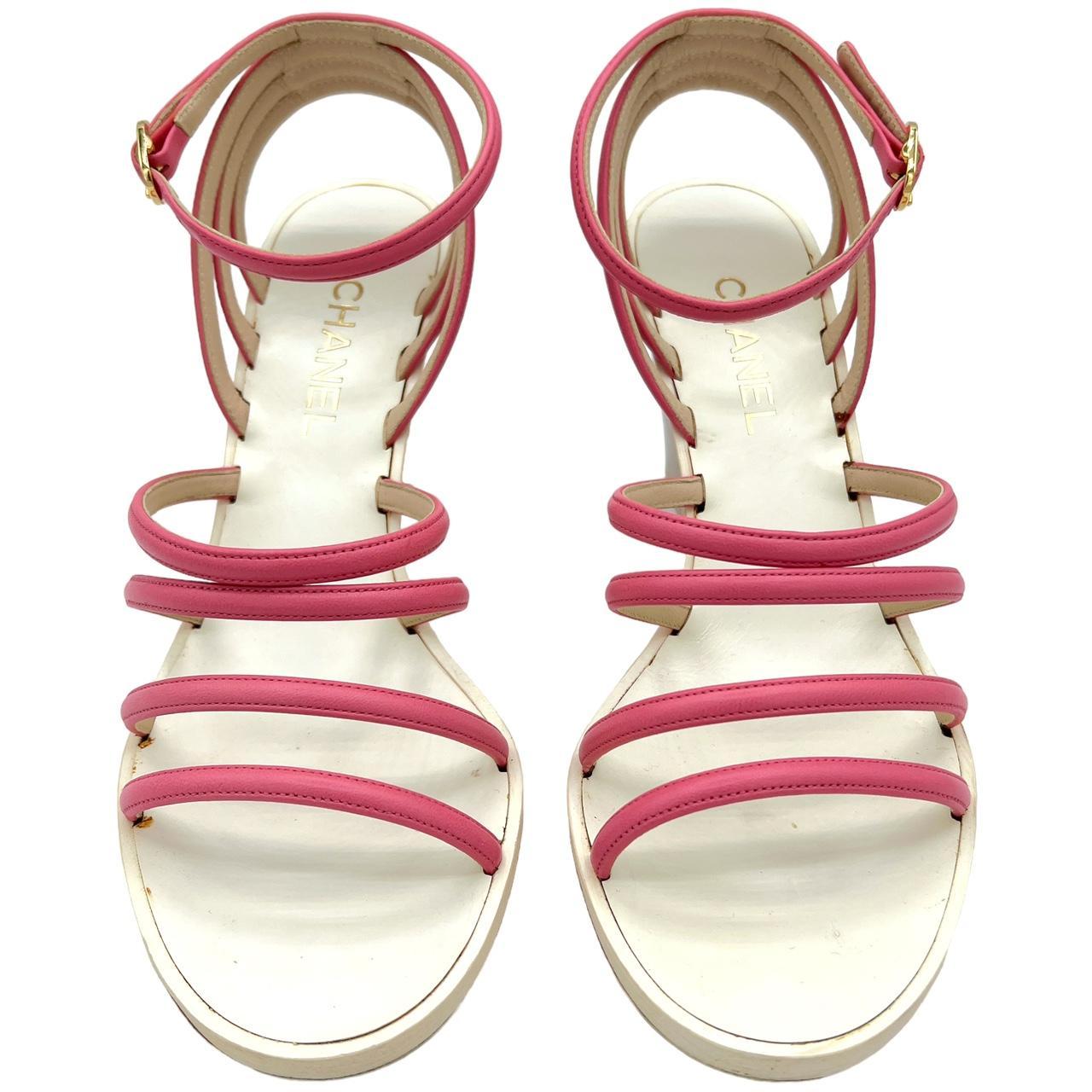 Chanel Pink Lambskin Strappy Wedge Sandals