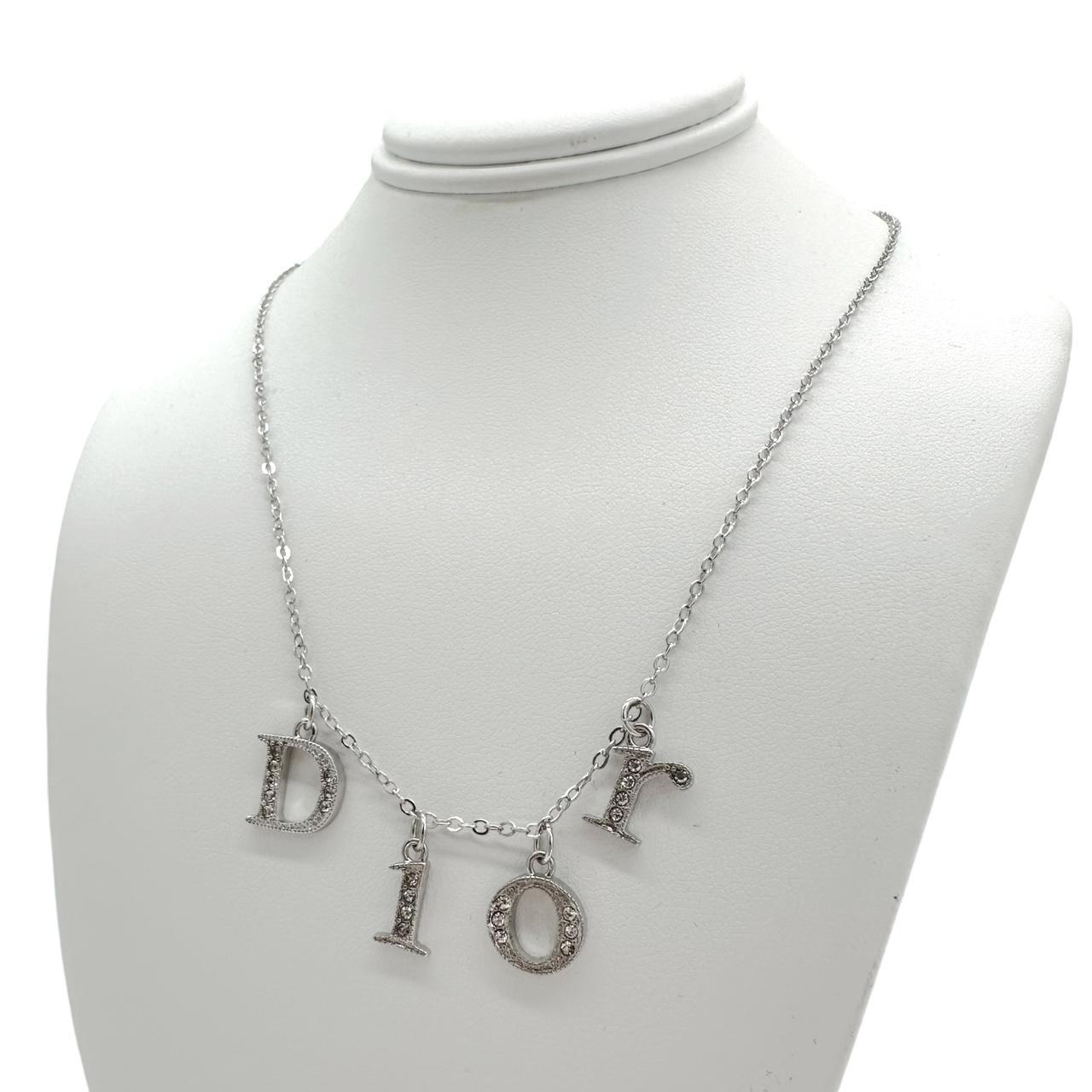 Christian Dior Silver Crystal Logo Charm Necklace