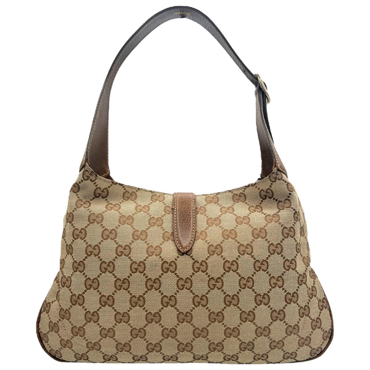 Gucci Brown Leather Tan Monogram Canvas Jackie Shoulder Bag