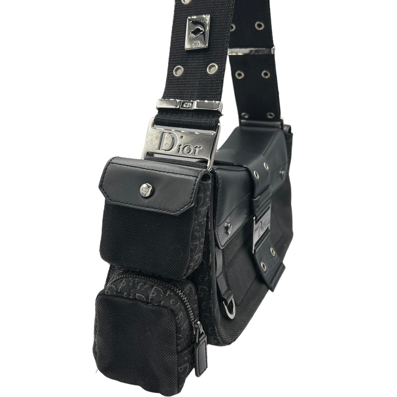Dior Black Shoulder Bag Leather Fabric Adjustable Straps