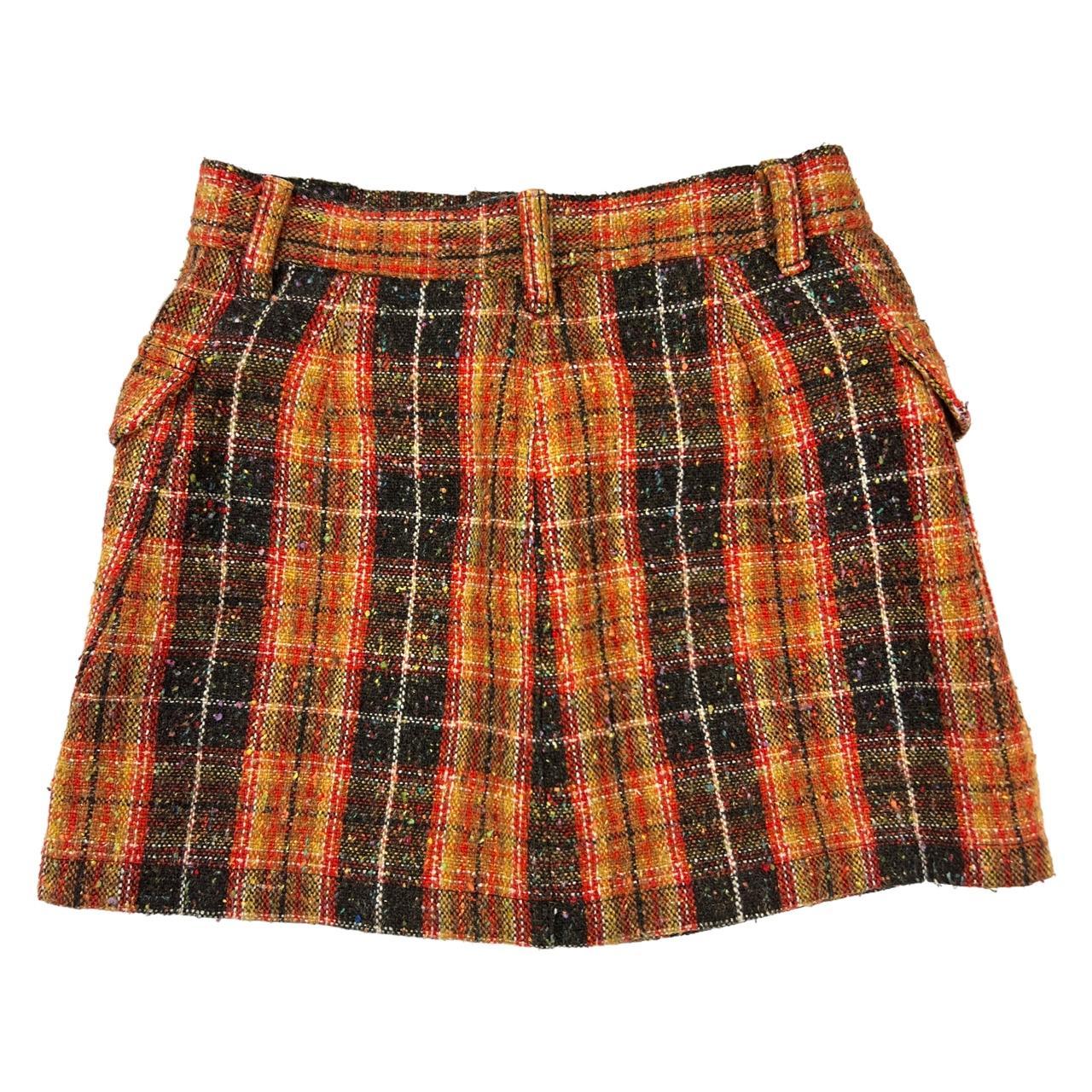 Moschino Jeans Red Yellow and Brown Plaid Print Tweed Mini Skirt with Cargo Pockets