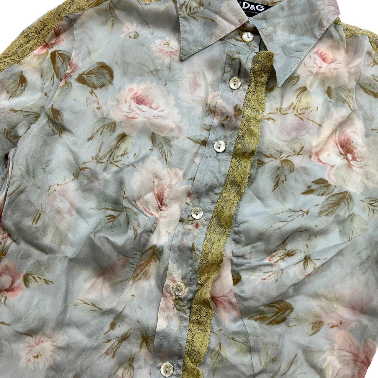 Dolce & Gabbana Dreamy Blue Light Pink Floral Printed Sheer Silk Long Sleeve Cardigan / Blouse with Lace Detail - Outfit Repeater