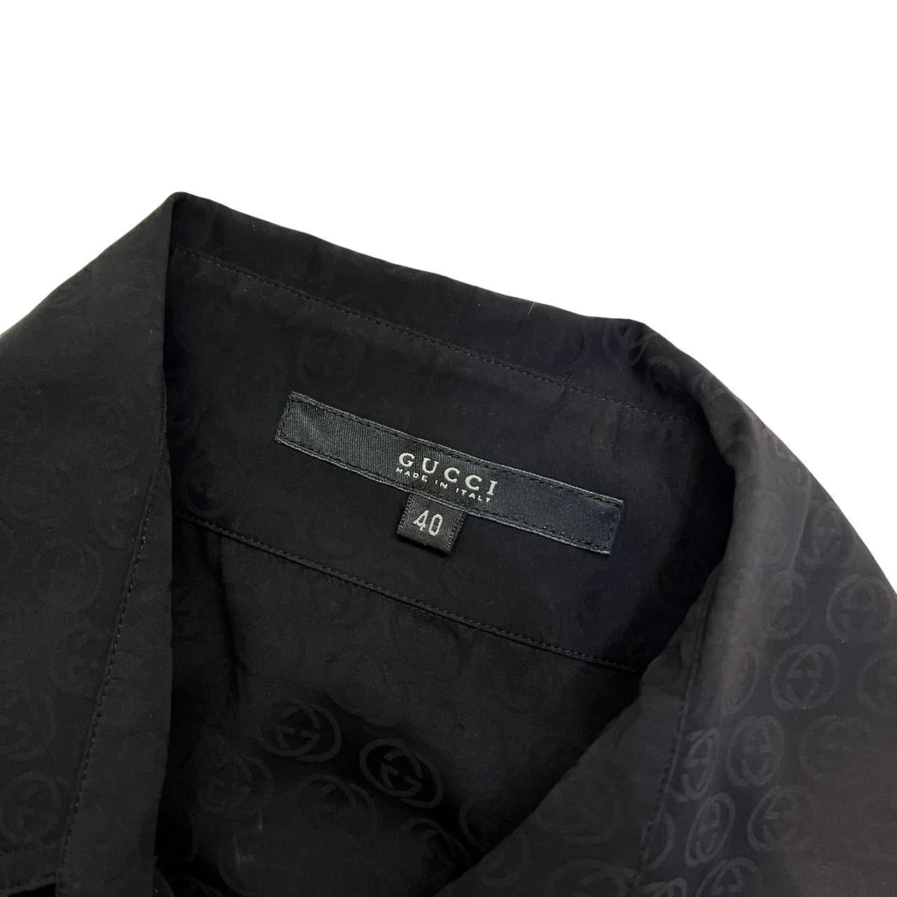 Gucci by Tom Ford F/W 2003 Black Silk GG Logo Button Up Blouse