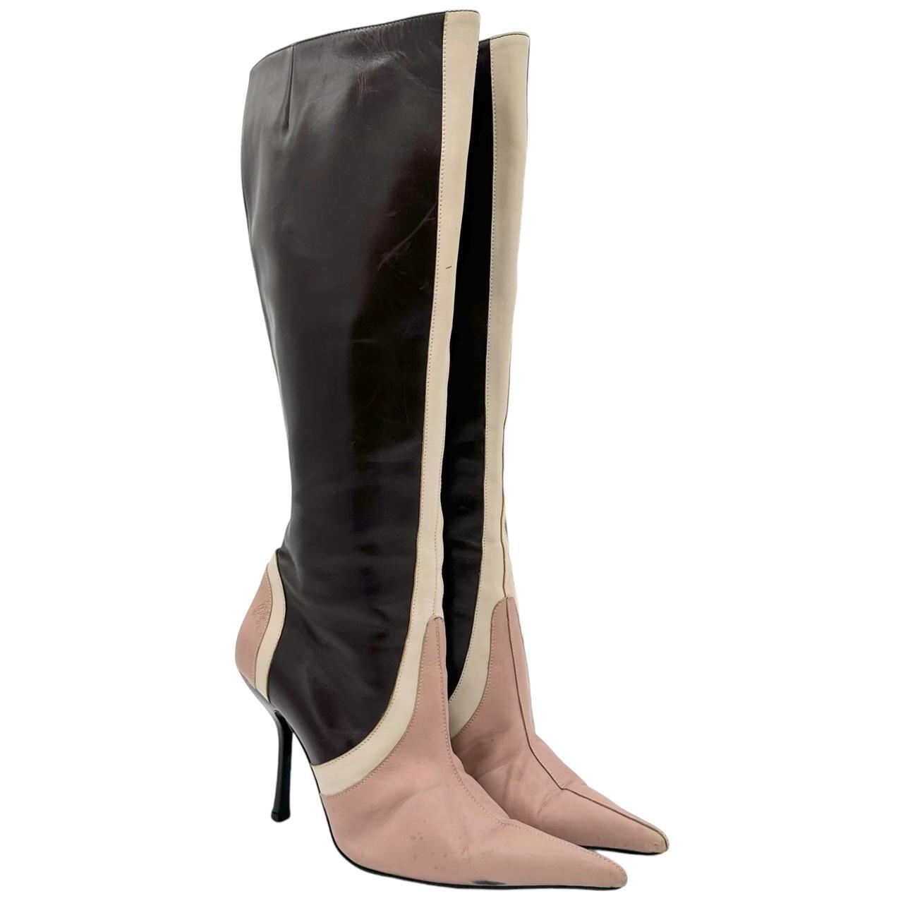 Versace Brown Pink Leather Heeled Knee-High Boots
