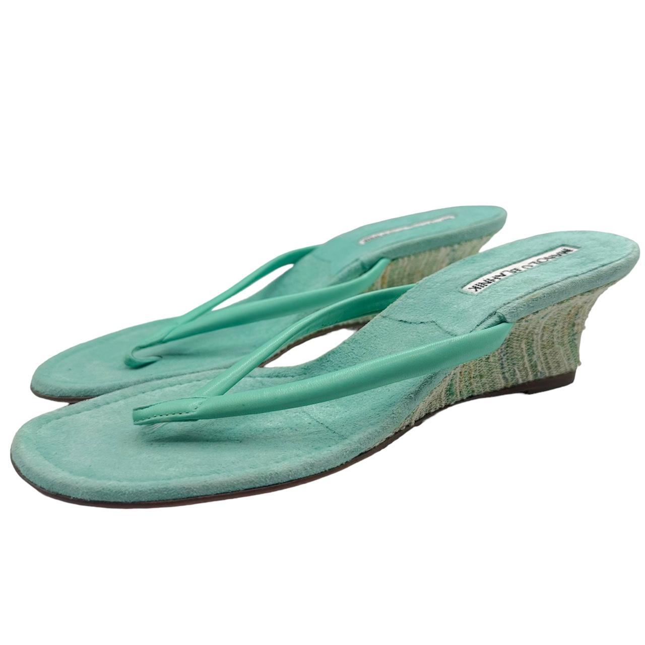 Manolo Blahnik Teal Suede Wedge Kitten Heel Flip Flops